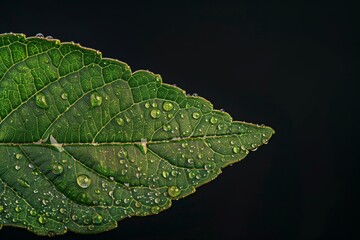 Close-up of a green leaf covered in water droplets, showcasing natures delicate beauty and the importance of conservation efforts