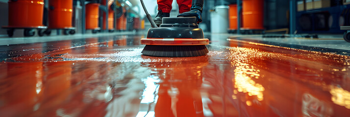 An Employee Buffing a Hard Floor ,
Cleaning service staff using a mop on new epoxy floor

