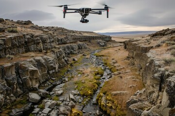 A large drone controlled remotely flies over a river, used by scientists for mapping and environmental monitoring in remote areas