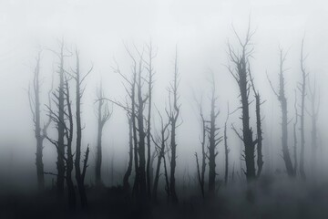 A panoramic view of a fog-covered forest filled with numerous trees, creating a mysterious and spooky atmosphere