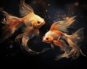 Goldfish are freshwater fish. Belongs to the carp family. It is a fish that originated in China and Japan.
 Later it was developed into a beautiful fish today. - obrazy, fototapety, plakaty