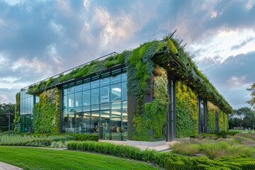 Green plants cover a building, showcasing sustainable design. Blue sky serves as backdrop
