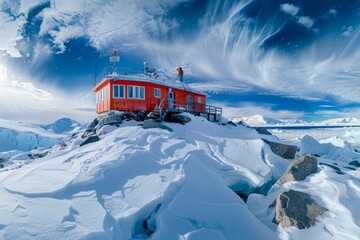 A red house stands on top of a snow-covered mountain in a remote location, showcasing the harsh beauty of the snowy landscape