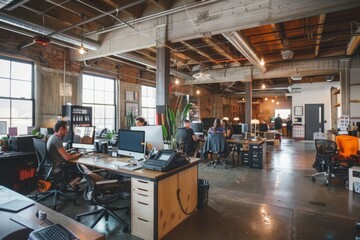 A wide angle shot of a large open office filled with desks and computers, showcasing a modern workspace designed for teamwork and innovation