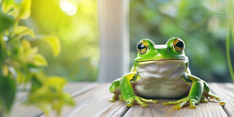 Green frog on the wooden table with a blurred green background