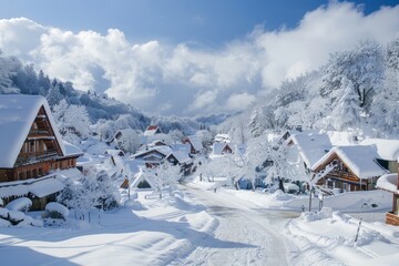 A snow-covered village with a mountain in the background, showcasing a picturesque winter scene