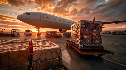 Loading Cargo Onto a Plane: International Freight Transport at an Airport. Concept Air Cargo Handling, International Freight Transport, Loading Process, Airport Logistics, Cargo Aircraft Operations