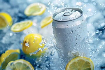Aluminum cans without logos with splashes of ice and lemon. Layout for advertising banners, etc