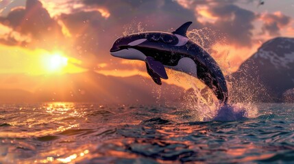 Illustration of dolphins jumping gracefully from the sea, with a sunset in the background.