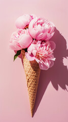 Aesthetic pink peony flowers in the waffle cone against light pink backdrop, strong shadows, copy space. Generative AI