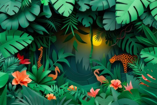 Paper craft art image featuring a lush rainforest. Complete with dense paper leaves and rare animals.
