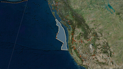 Earthquakes around the Juan de Fuca plate. Satellite map