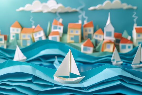 Paper craft art images of a quiet seaside village with a paper boat floating on blue paper waves