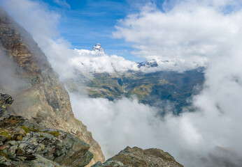 Breuil-Cervinia (Italy) - A view of Cervino mountain range of Alps in Valle d'Aosta region, here with trekking paths, alpin lakes ed alpinistic Ferrata Vofrède.
