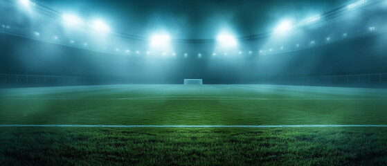 Illuminated Soccer Stadium with Intense Mist and Lush Green Pitch at Night. Copy space. 