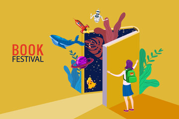 Book Festival concept, girl open huge book