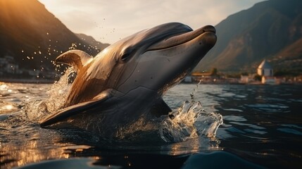 Beautiful dolphin leaping out of clear blue water with ample space for overlay text - obrazy, fototapety, plakaty