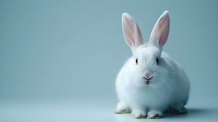 White pet rabbit with a smiling expression isolated on a white background with copy space. Concept White Rabbit, Smiling Expression, White Background, Copy Space