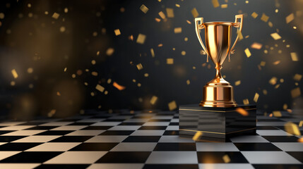 Golden Trophy on Checkered Floor with Confetti Celebration. Copy space. Generative AI
