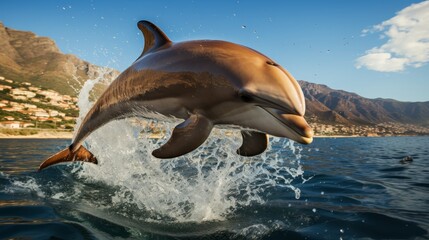 Beautiful dolphin leaping out of water with ample copy space for text and background design