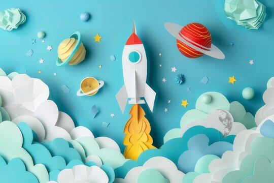 Paper craft art images depicting space exploration scenes. Complete with paper rockets and planets.