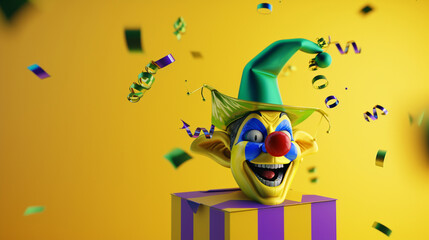 Clown with a present on a yellow background. 3d rendering. AI.