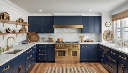 A nautical-themed kitchen with navy blue cabinets, brass hardware, and rope accents reminiscent of a classic yacht interior.