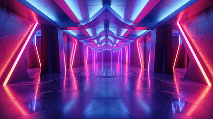 Fototapeta premium Futuristic Neon Corridor with Geometric Shapes and Reflective Floor. Modern interior with pink and purple neon lights. 