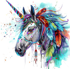 Unicorn head with multicolored feathers. Vector illustration. AI.