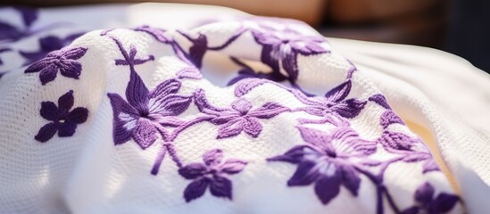 Obraz na płótnie Canvas A closeup shot capturing a white cloth adorned with beautiful purple flowers, showcasing intricate petals and a creative artsy pattern in violet hues