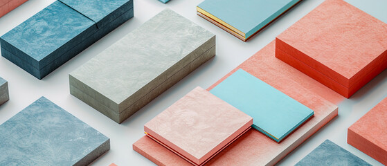 Fototapeta premium A collection of different colored blocks, including red, blue, and gray, arranged in a pattern
