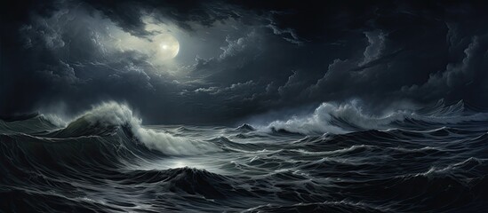 A landscape painting featuring a stormy ocean at night, with a full moon shining through dramatic...