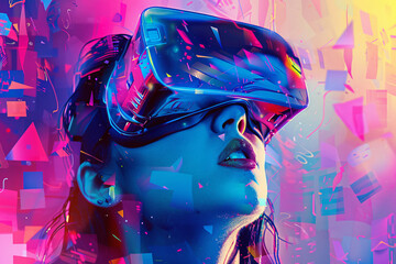 Woman with VR headset surrounded by colorful virtual fragments