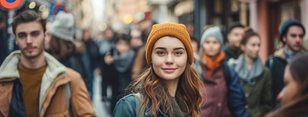 A young woman stands out from the crowd of people on a city street, looking at the camera with a...
