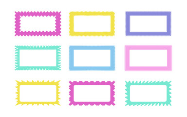 Zig zag wavy edge rectangle frames icon set. Abstract colorful borders with jagged edges. Vector illustration of silhouette blank for card, poster, flyer, sicker, template, badge