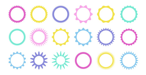 Zig zag wavy edge starbust circle frames icon set. Abstract colorful elements with jagged edges. Vector illustration of silhouette blank for sicker, label, tag, badge, stamp - obrazy, fototapety, plakaty