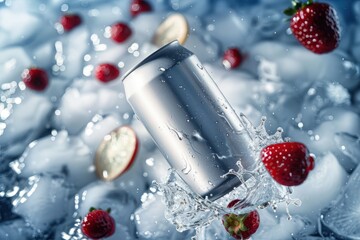 Aluminum cans without logos with splashes of ice and berries. Layout for advertising banners, etc