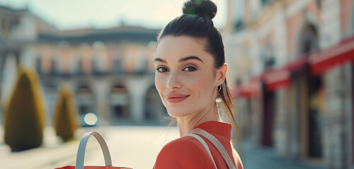 A chic young lady with a sleek hair smiles subtly at the camera while clutching a shopping bag - obrazy, fototapety, plakaty