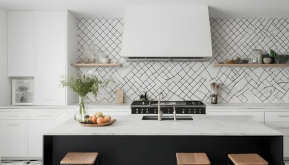 A monochromatic kitchen with matte black cabinets, white quartz countertops, and a geometric tile...