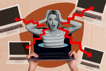 Fototapeta na wymiar Creative collage image picture young shocked girl stupor fear emotional reaction trouble problem laptop digital device charts arrows direction