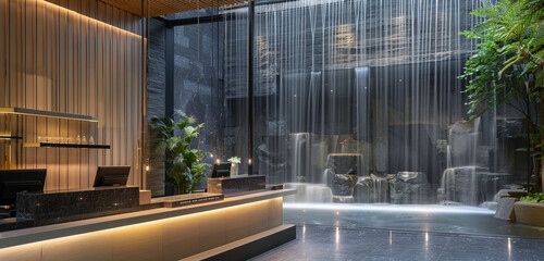 A contemporary hotel check-in counter with a cascading waterfall backdrop, creating a serene atmosphere