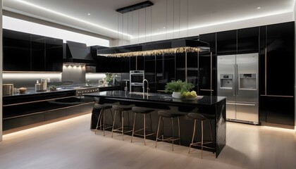 A cosmopolitan kitchen with black lacquer cabinets, mirrored backsplash, and a waterfall edge island illuminated by pendant lights. - obrazy, fototapety, plakaty