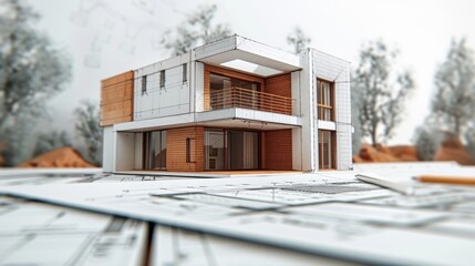 Model of a modern two-story house with large windows and wooden accents, displayed over architectural blueprints