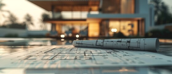 An architect blueprint laid out with a modern two-story house and its reflection in the pool during sunset in the background