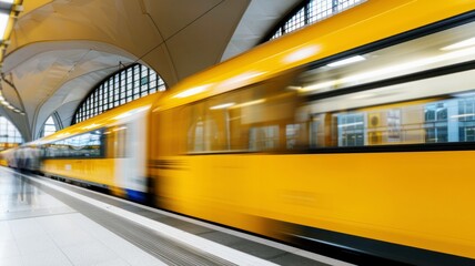 modern yellow train at high speed blurred motion at train subway station