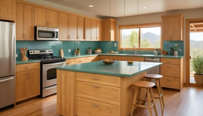 An eco-friendly kitchen featuring bamboo cabinets, recycled glass countertops, and energy-efficient appliances powered by solar panels.