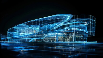 A holographic blueprint of a futuristic building with intricate design details, highlighted by neon blue lines against a night setting