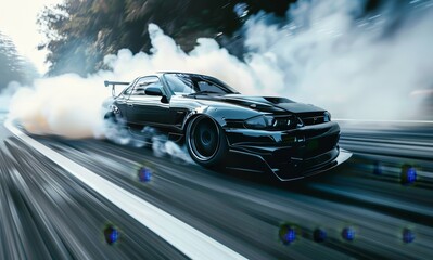 A black car is drifting down a highway with smoke billowing from its tires - obrazy, fototapety, plakaty