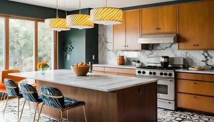 A mid-century modern kitchen with retro appliances, bold geometric patterns, and a statement chandelier hanging over a marble dining island.