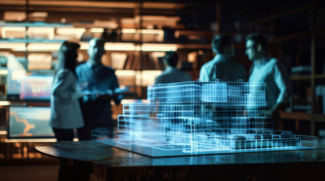 Silhouettes of professionals analyzing a 3D holographic model of an architectural structure in a dark room, highlighting collaboration and high-tech planning - Powered by Adobe